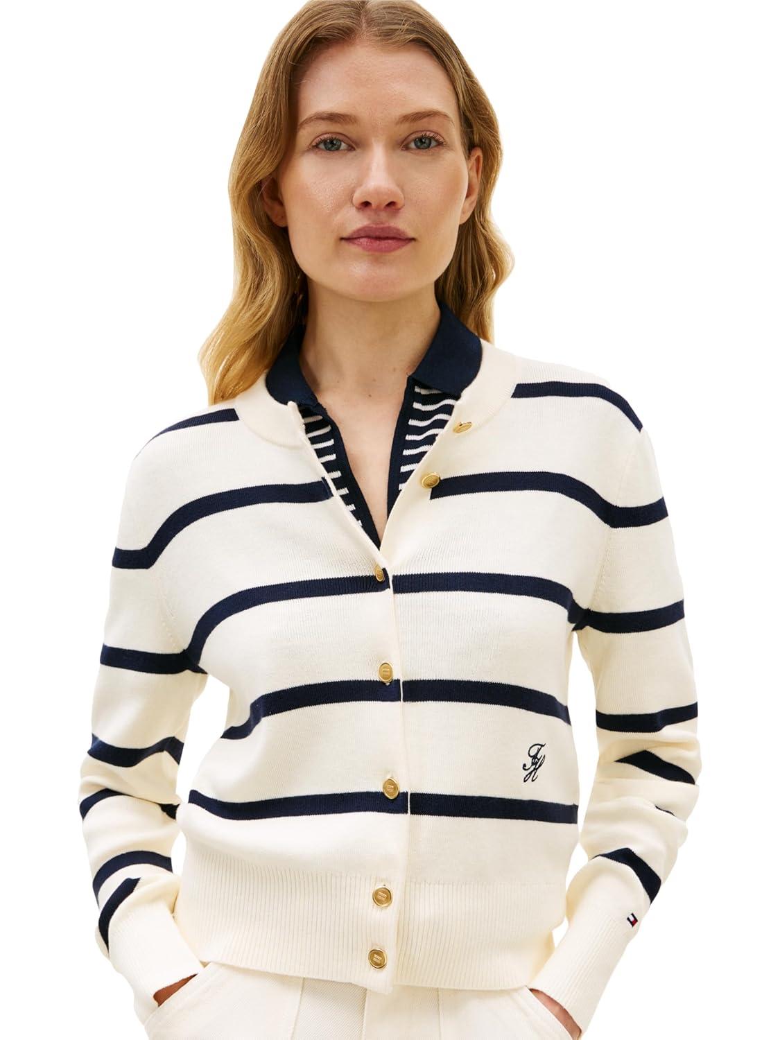 imageTommy Hilfiger Womens Cotton Crew Neck Cardigan Sweater Lightweight Button Down Knit Cardigan with DesignBig Stripe CalicoDark Night Navy