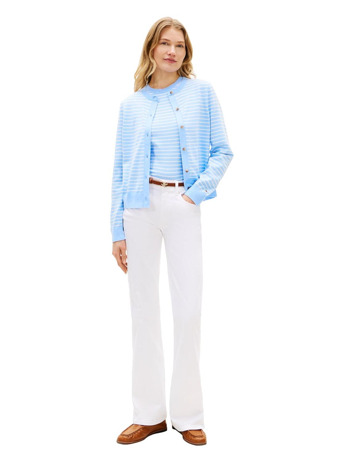imageTommy Hilfiger Womens Cotton Crew Neck Cardigan Sweater Lightweight Button Down Knit CardiganVessel Blue Ecru Stripe