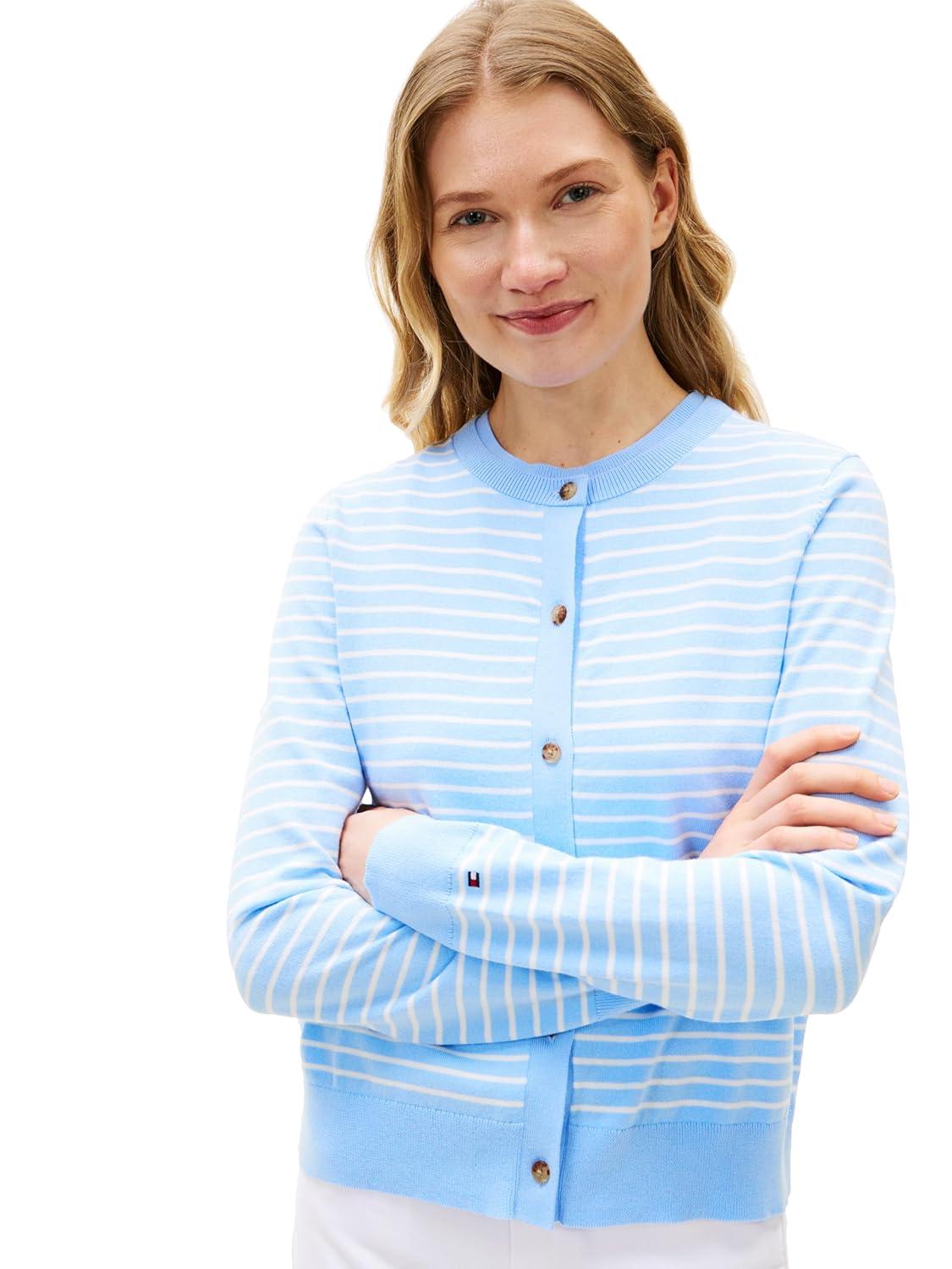 imageTommy Hilfiger Womens Cotton Crew Neck Cardigan Sweater Lightweight Button Down Knit CardiganVessel Blue Ecru Stripe