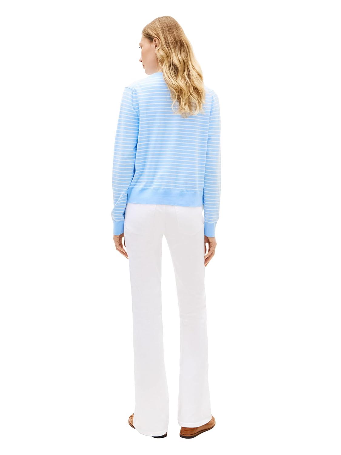 imageTommy Hilfiger Womens Cotton Crew Neck Cardigan Sweater Lightweight Button Down Knit CardiganVessel Blue Ecru Stripe