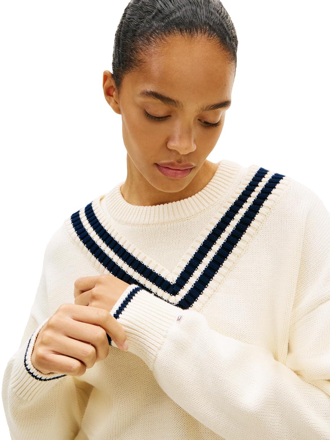 imageTommy Hilfiger Womens Cotton Crew Neck Sweater Varsity Sweater PulloverCalico