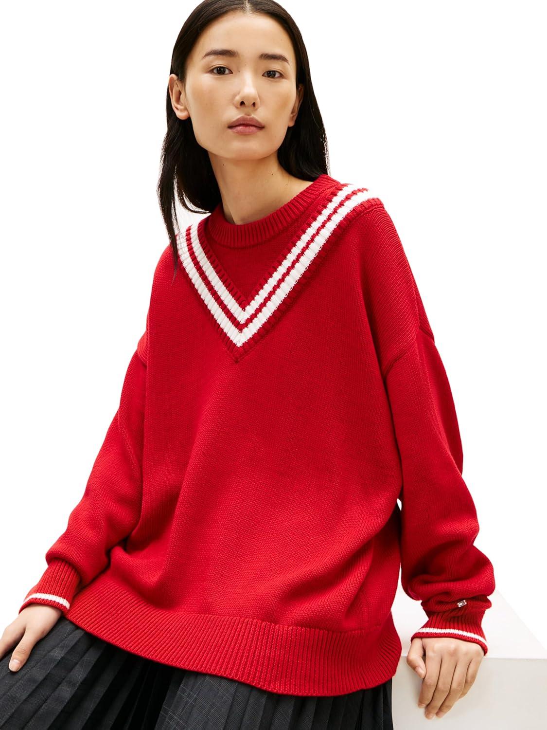 imageTommy Hilfiger Womens Cotton Crew Neck Sweater Varsity Sweater PulloverMedium Red