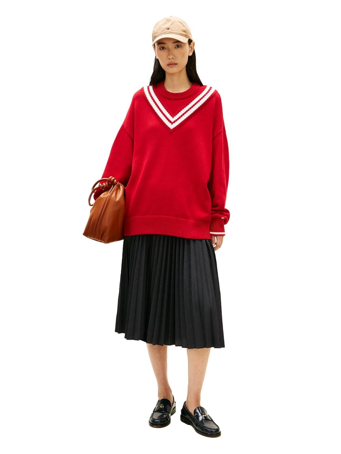imageTommy Hilfiger Womens Cotton Crew Neck Sweater Varsity Sweater PulloverMedium Red