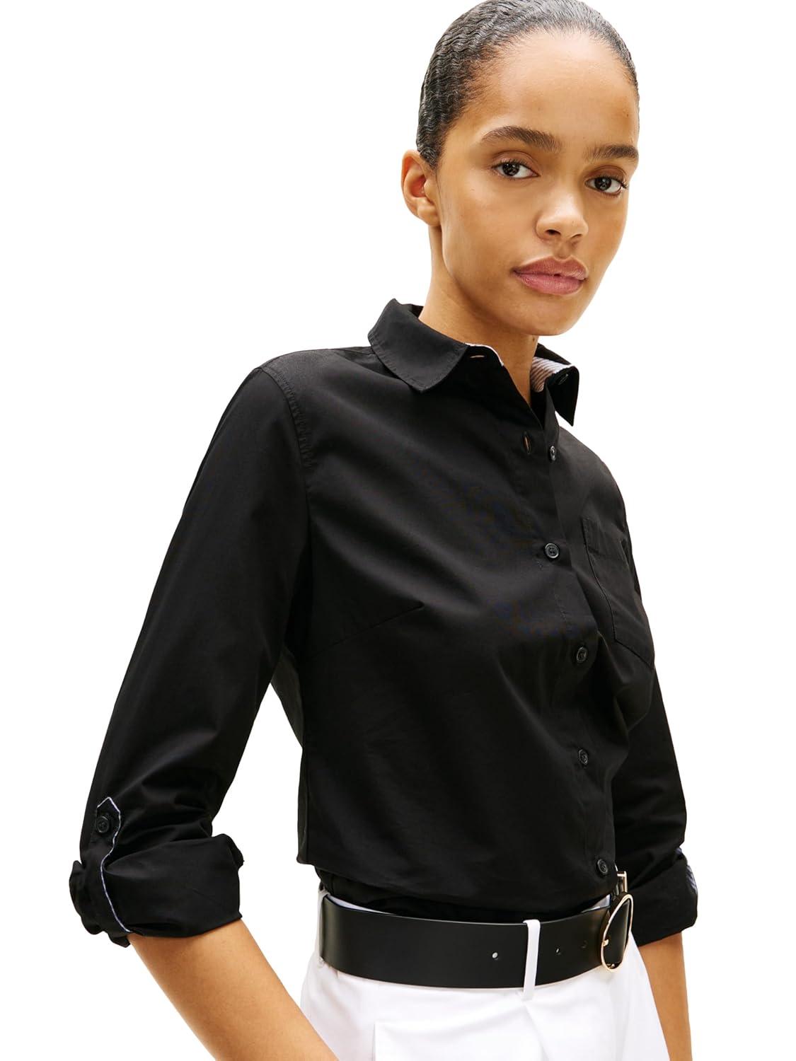 imageTommy Hilfiger Womens Cotton Poplin Long Sleeve Button Down Shirt in Regular Fit with Roll Up SleeveBlack