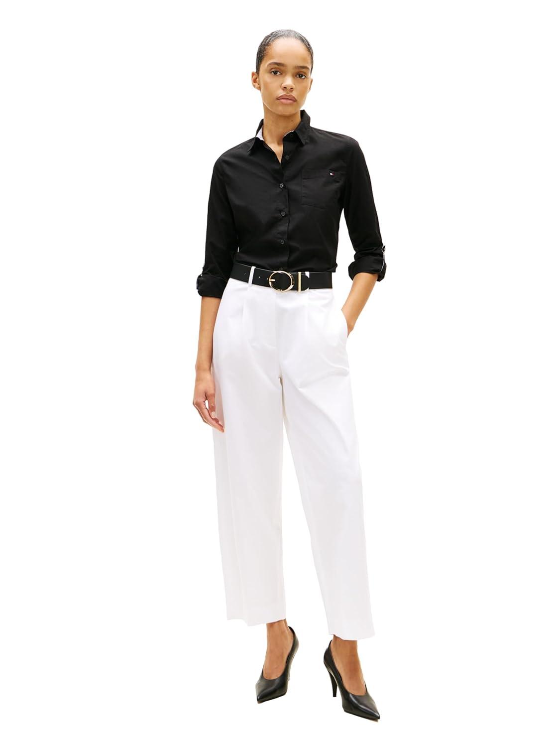 imageTommy Hilfiger Womens Cotton Poplin Long Sleeve Button Down Shirt in Regular Fit with Roll Up SleeveBlack