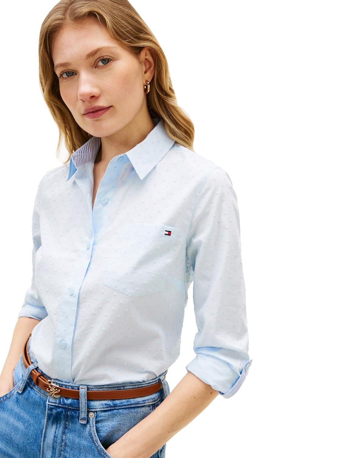 imageTommy Hilfiger Womens Cotton Poplin Long Sleeve Button Down Shirt in Regular Fit with Roll Up SleeveBreezy Blue