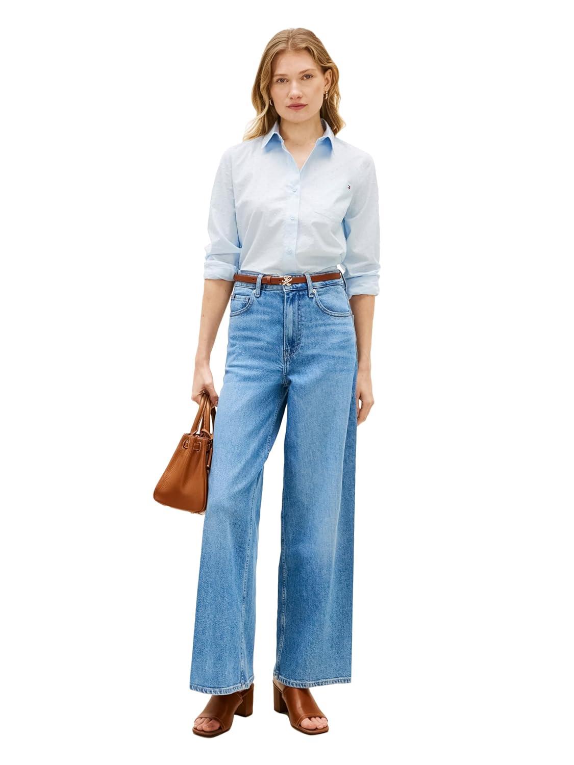 imageTommy Hilfiger Womens Cotton Poplin Long Sleeve Button Down Shirt in Regular Fit with Roll Up SleeveBreezy Blue