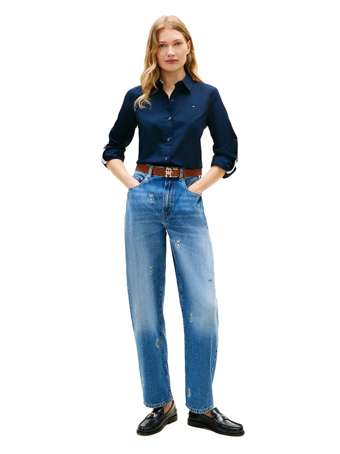 imageTommy Hilfiger Womens Cotton Poplin Long Sleeve Button Down Shirt in Regular Fit with Roll Up SleeveDark Night Navy
