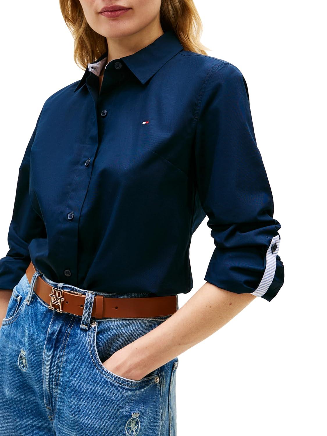 imageTommy Hilfiger Womens Cotton Poplin Long Sleeve Button Down Shirt in Regular Fit with Roll Up SleeveDark Night Navy