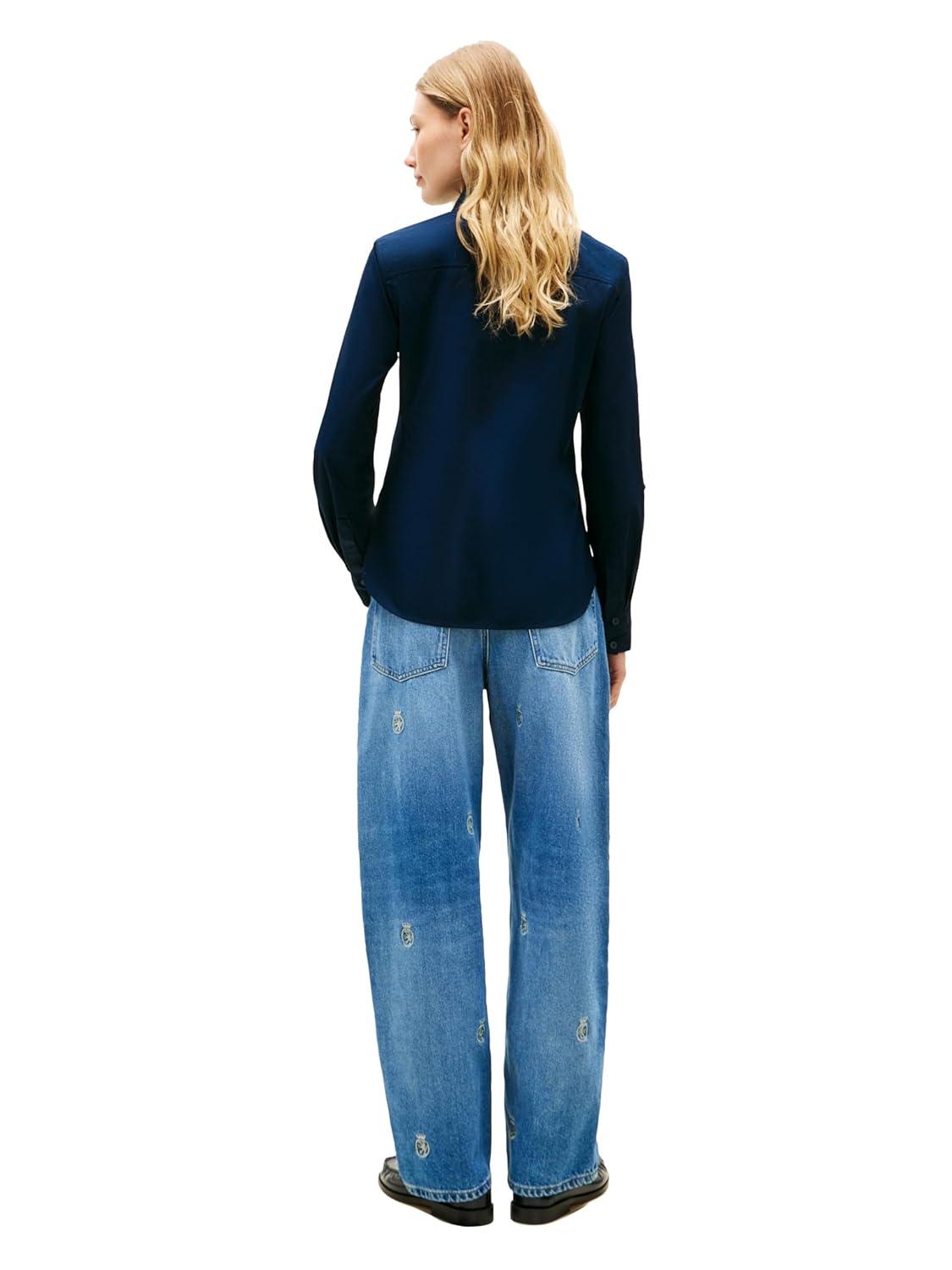 imageTommy Hilfiger Womens Cotton Poplin Long Sleeve Button Down Shirt in Regular Fit with Roll Up SleeveDark Night Navy