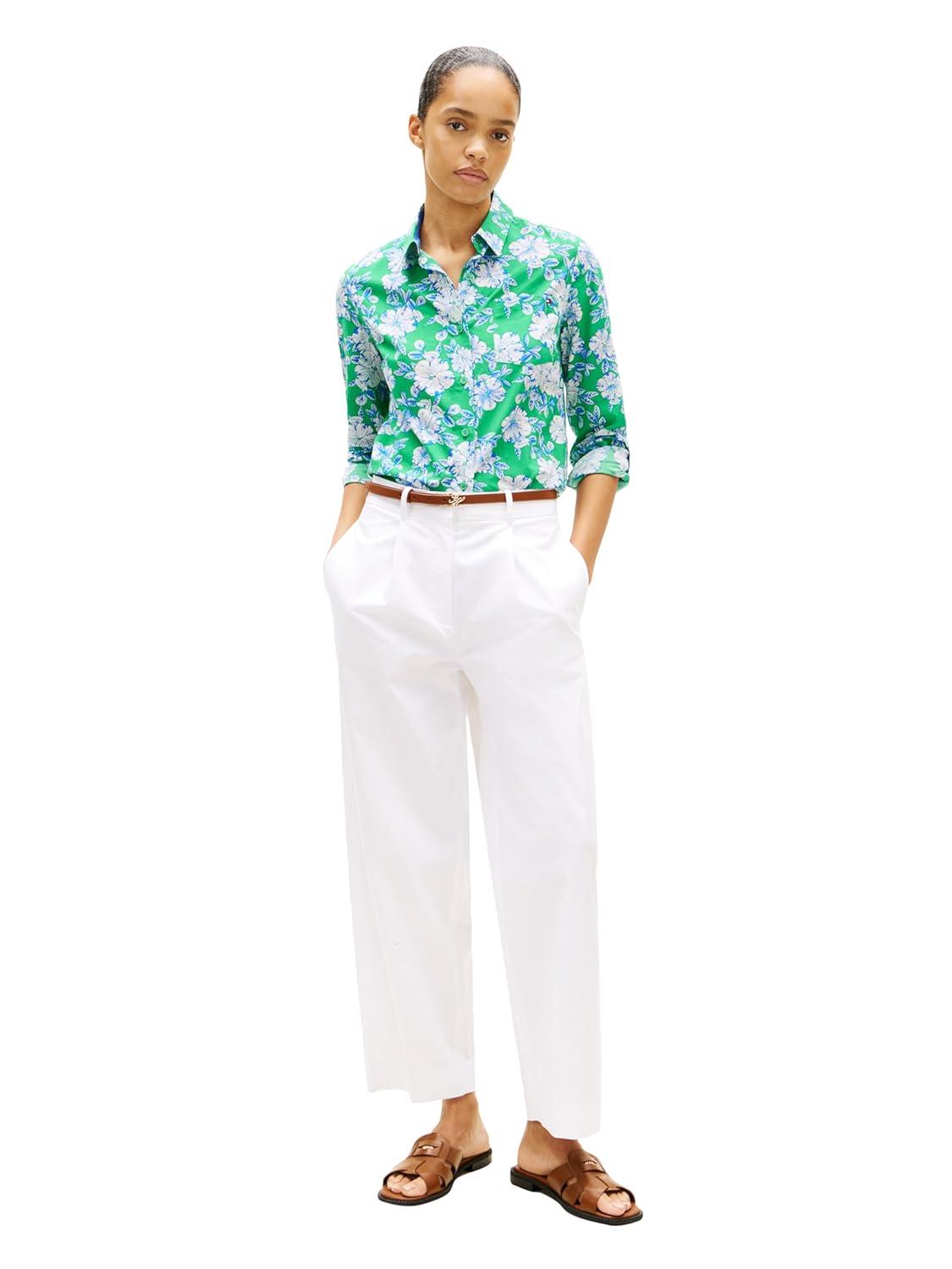 imageTommy Hilfiger Womens Cotton Poplin Long Sleeve Button Down Shirt in Regular Fit with Roll Up SleeveDense Hibiscus Jade Wink