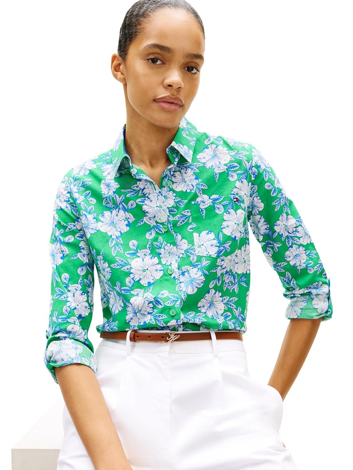 imageTommy Hilfiger Womens Cotton Poplin Long Sleeve Button Down Shirt in Regular Fit with Roll Up SleeveDense Hibiscus Jade Wink