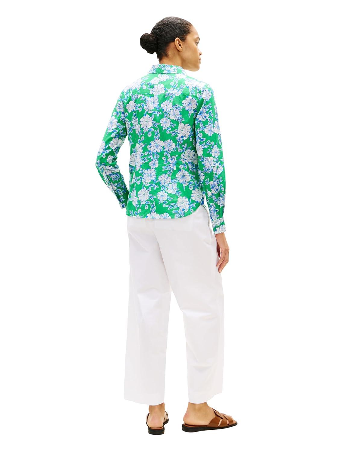 imageTommy Hilfiger Womens Cotton Poplin Long Sleeve Button Down Shirt in Regular Fit with Roll Up SleeveDense Hibiscus Jade Wink