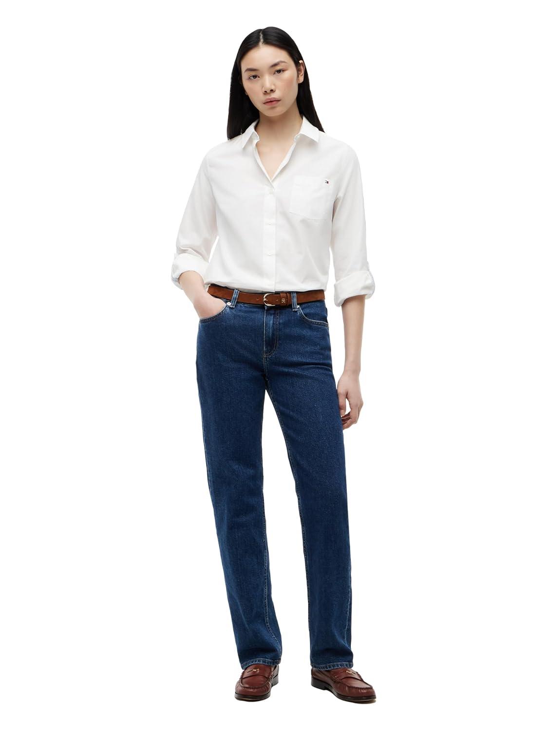 imageTommy Hilfiger Womens Cotton Poplin Long Sleeve Button Down Shirt in Regular Fit with Roll Up SleeveEcru