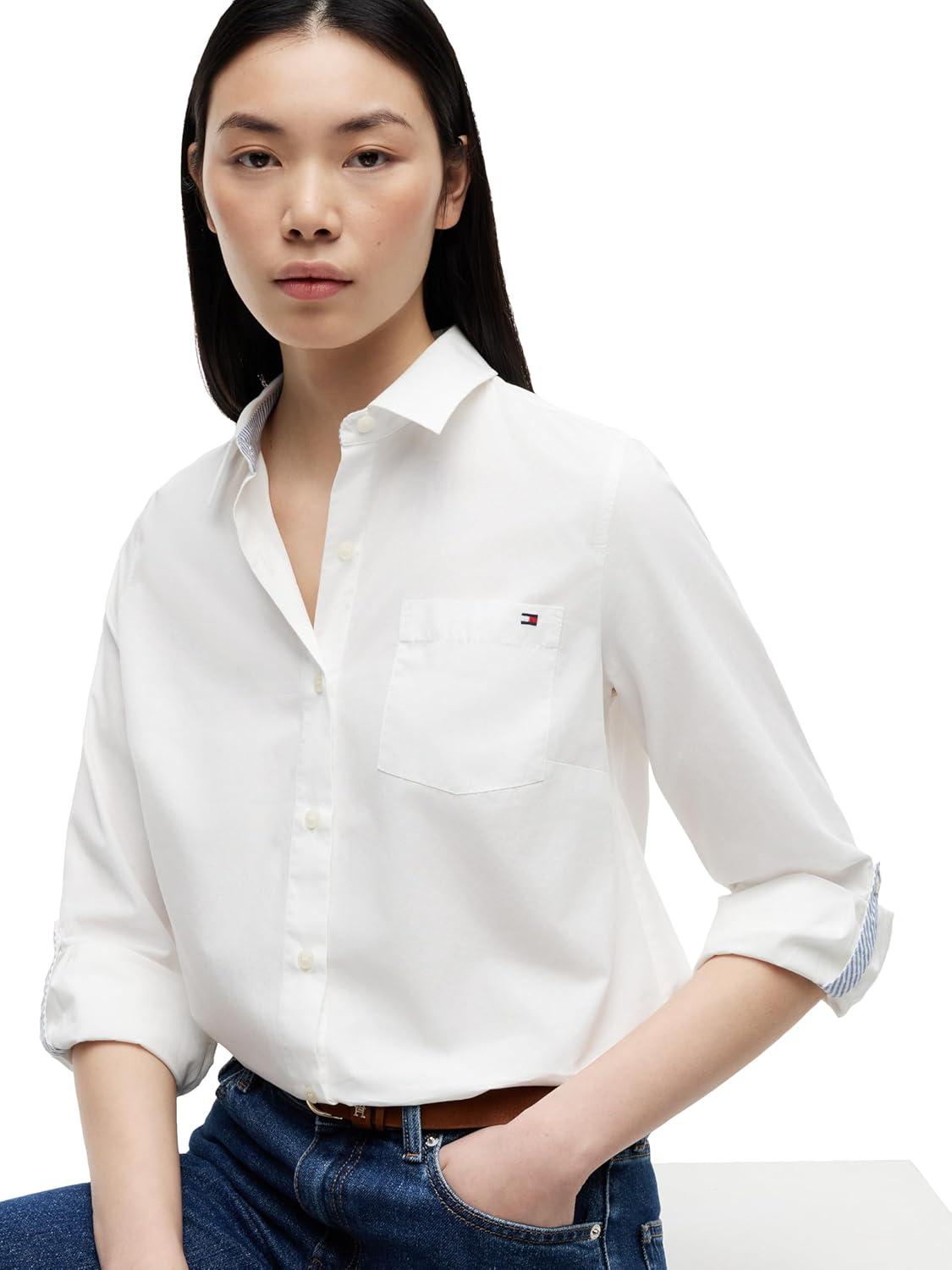 imageTommy Hilfiger Womens Cotton Poplin Long Sleeve Button Down Shirt in Regular Fit with Roll Up SleeveEcru
