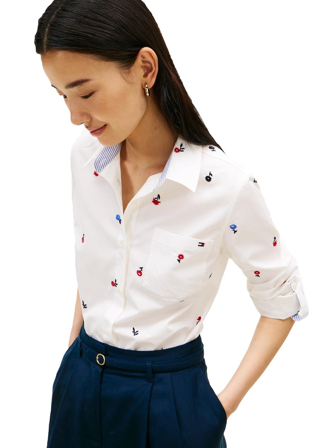 imageTommy Hilfiger Womens Cotton Poplin Long Sleeve Button Down Shirt in Regular Fit with Roll Up SleeveEcruAoe