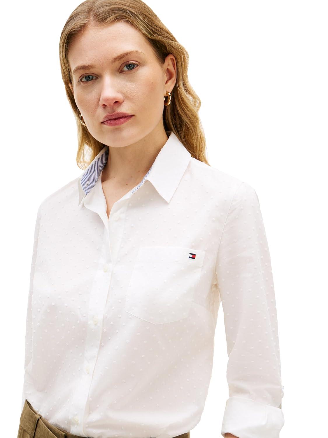 imageTommy Hilfiger Womens Cotton Poplin Long Sleeve Button Down Shirt in Regular Fit with Roll Up SleeveEcruDot