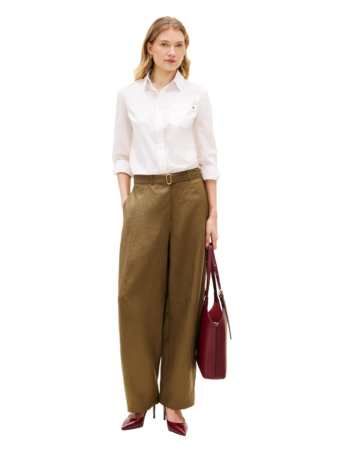 imageTommy Hilfiger Womens Cotton Poplin Long Sleeve Button Down Shirt in Regular Fit with Roll Up SleeveEcruDot