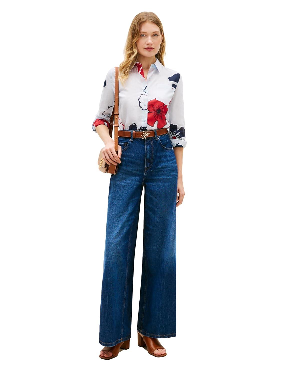 imageTommy Hilfiger Womens Cotton Poplin Long Sleeve Button Down Shirt in Regular Fit with Roll Up SleeveIthaca Poppy Print