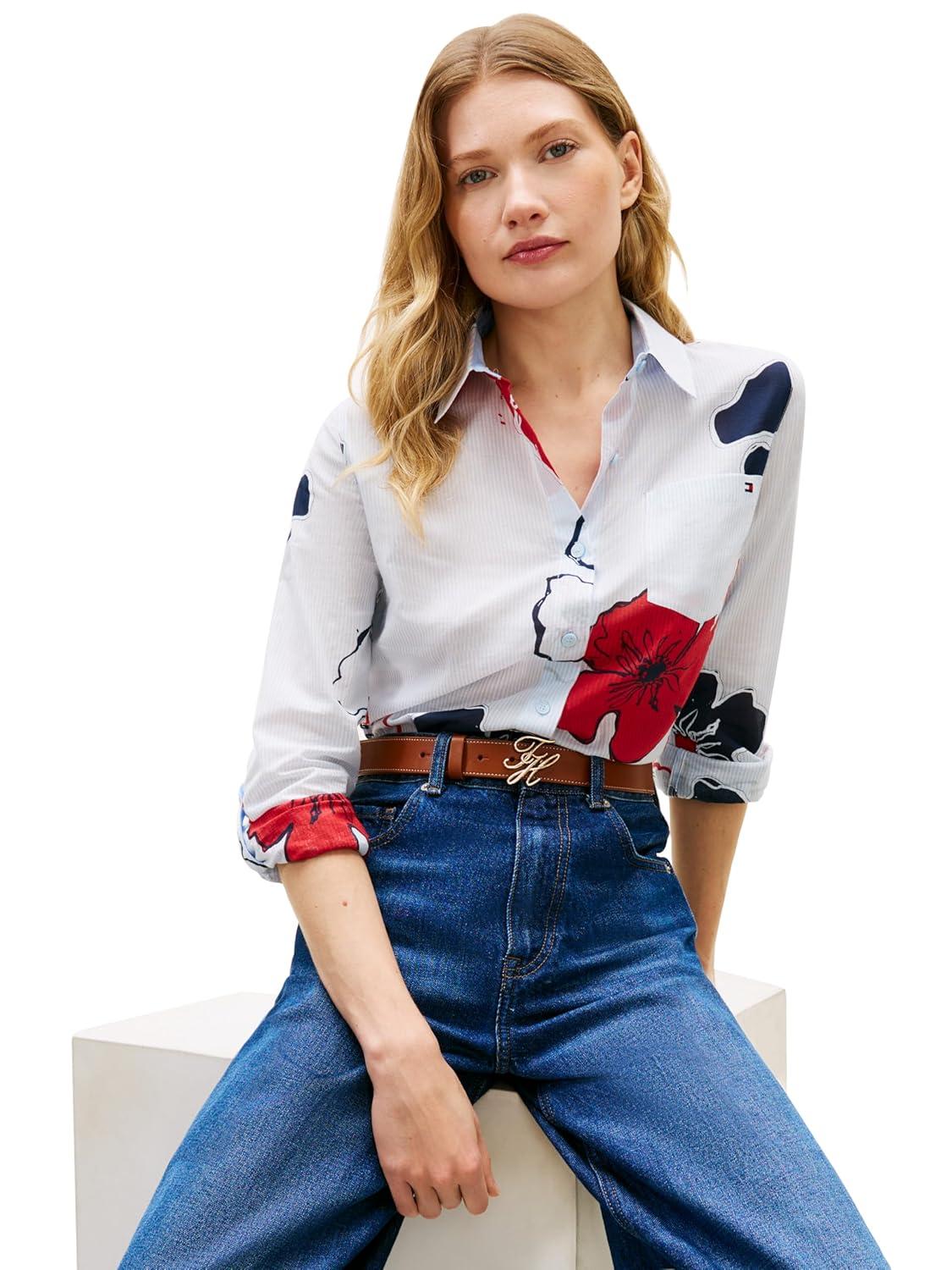 imageTommy Hilfiger Womens Cotton Poplin Long Sleeve Button Down Shirt in Regular Fit with Roll Up SleeveIthaca Poppy Print