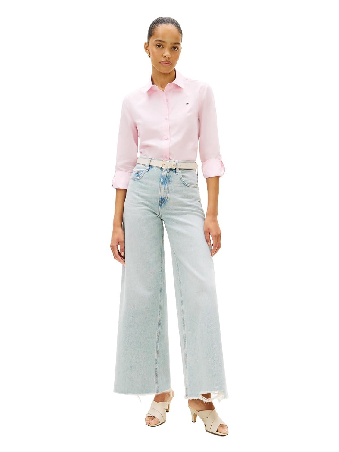 imageTommy Hilfiger Womens Cotton Poplin Long Sleeve Button Down Shirt in Regular Fit with Roll Up SleeveLight Pink