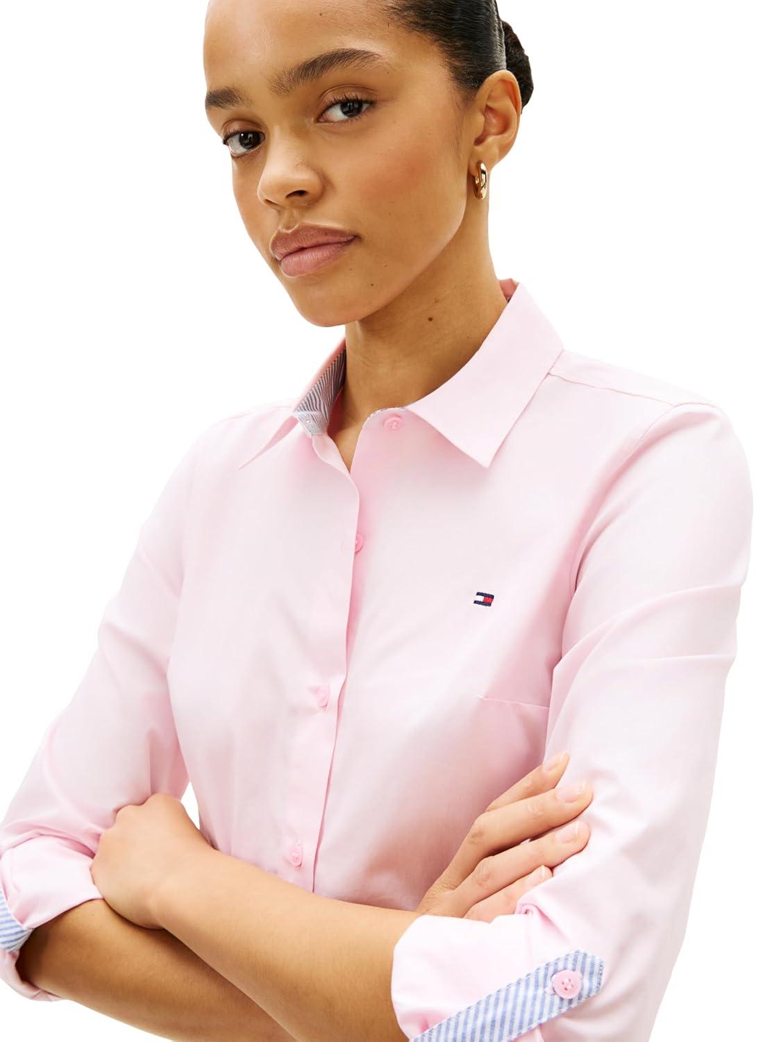 imageTommy Hilfiger Womens Cotton Poplin Long Sleeve Button Down Shirt in Regular Fit with Roll Up SleeveLight Pink