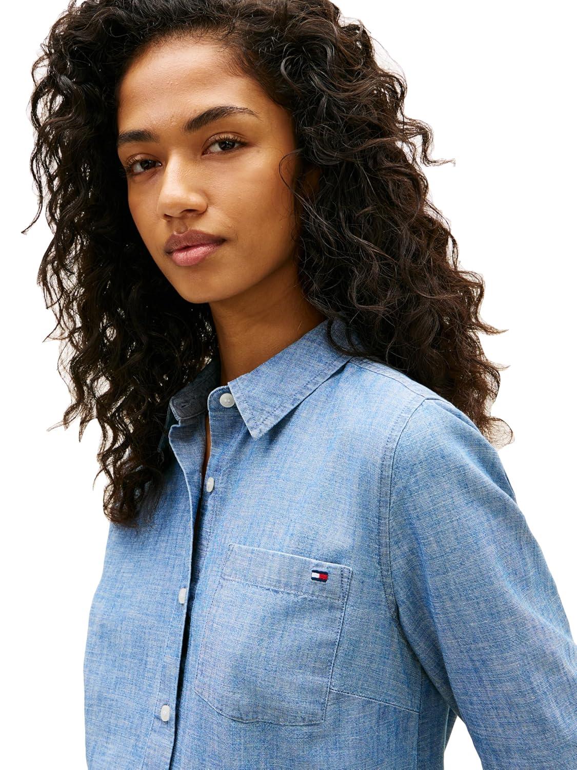 imageTommy Hilfiger Womens Cotton Poplin Long Sleeve Button Down Shirt in Regular Fit with Roll Up SleeveMid Blue