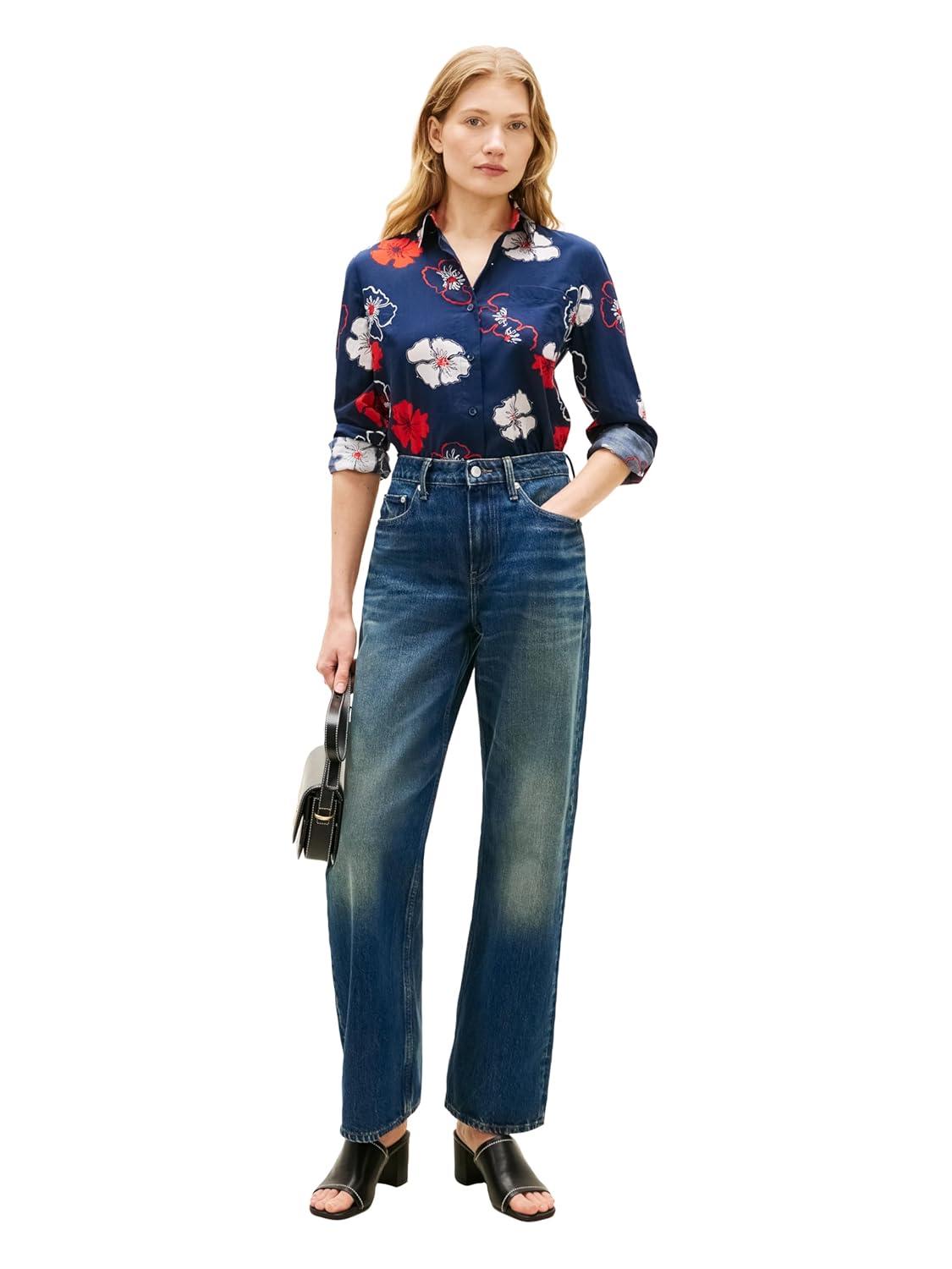 imageTommy Hilfiger Womens Cotton Poplin Long Sleeve Button Down Shirt in Regular Fit with Roll Up SleeveSolid Poppy Dark Night Navy