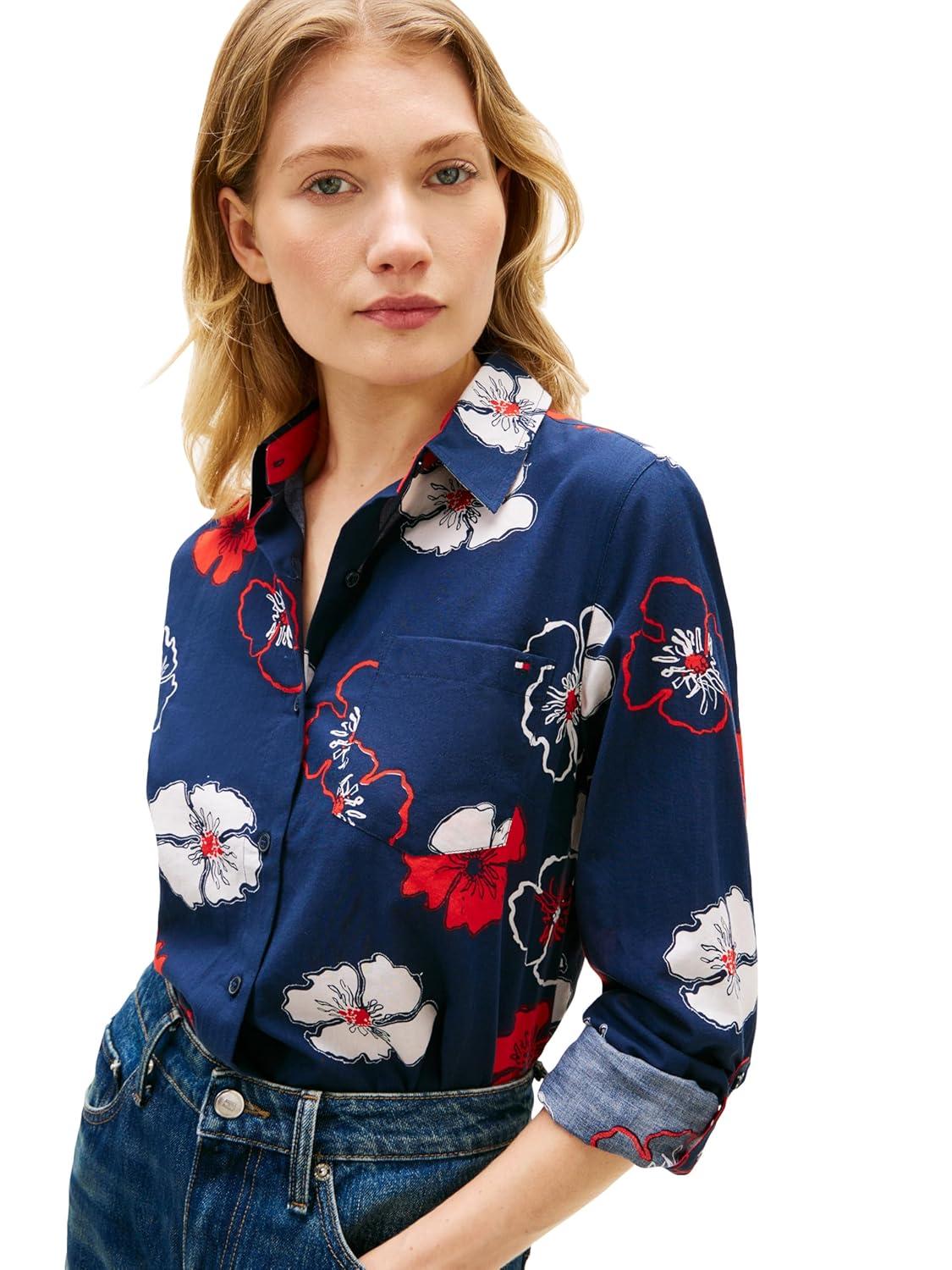 imageTommy Hilfiger Womens Cotton Poplin Long Sleeve Button Down Shirt in Regular Fit with Roll Up SleeveSolid Poppy Dark Night Navy