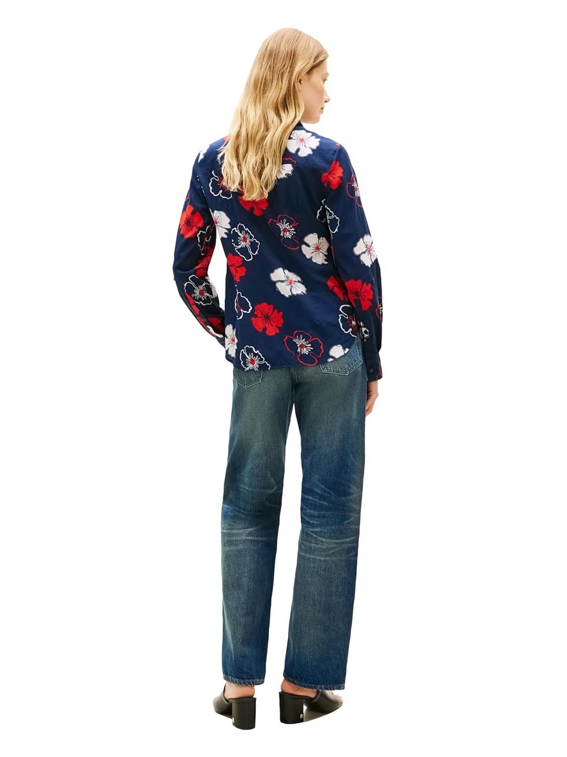 imageTommy Hilfiger Womens Cotton Poplin Long Sleeve Button Down Shirt in Regular Fit with Roll Up SleeveSolid Poppy Dark Night Navy