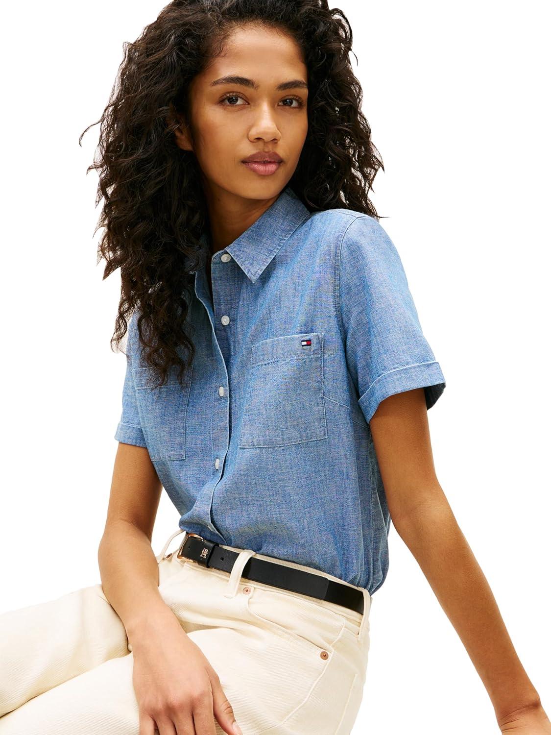 imageTommy Hilfiger Womens Cotton Short Sleeve Button Down Shirt in Regular FitChambray