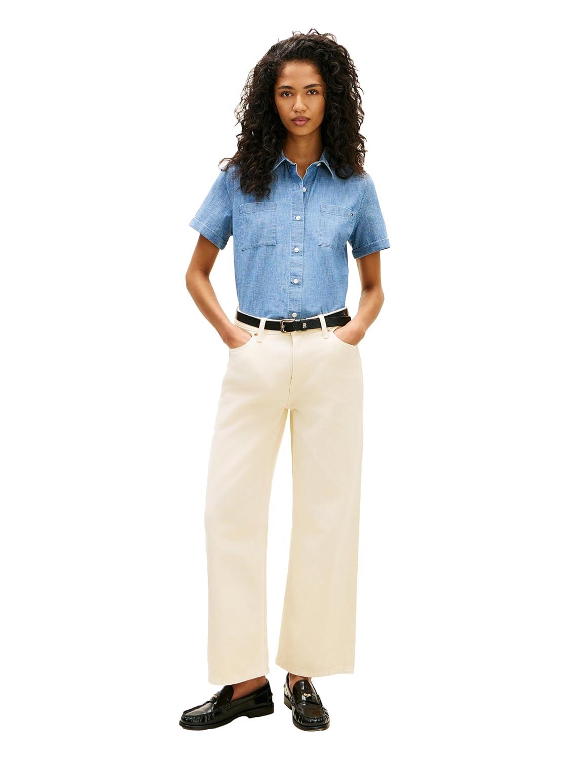 imageTommy Hilfiger Womens Cotton Short Sleeve Button Down Shirt in Regular FitChambray
