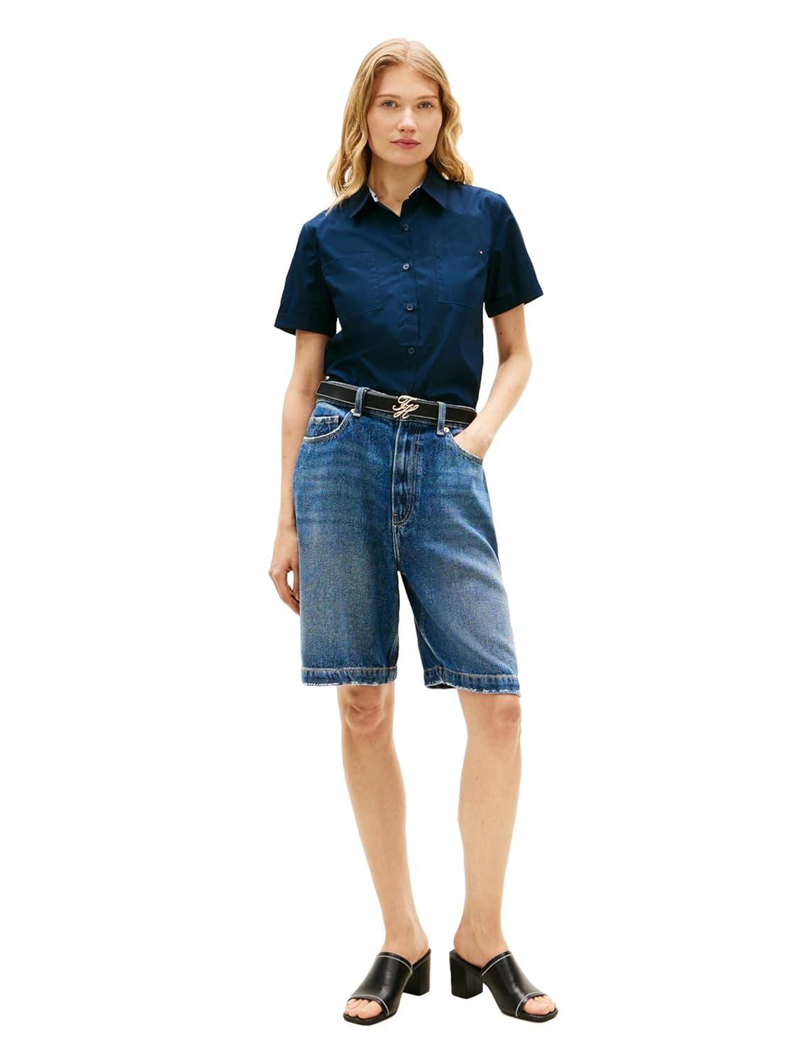 imageTommy Hilfiger Womens Cotton Short Sleeve Button Down Shirt in Regular FitDark Night Navy