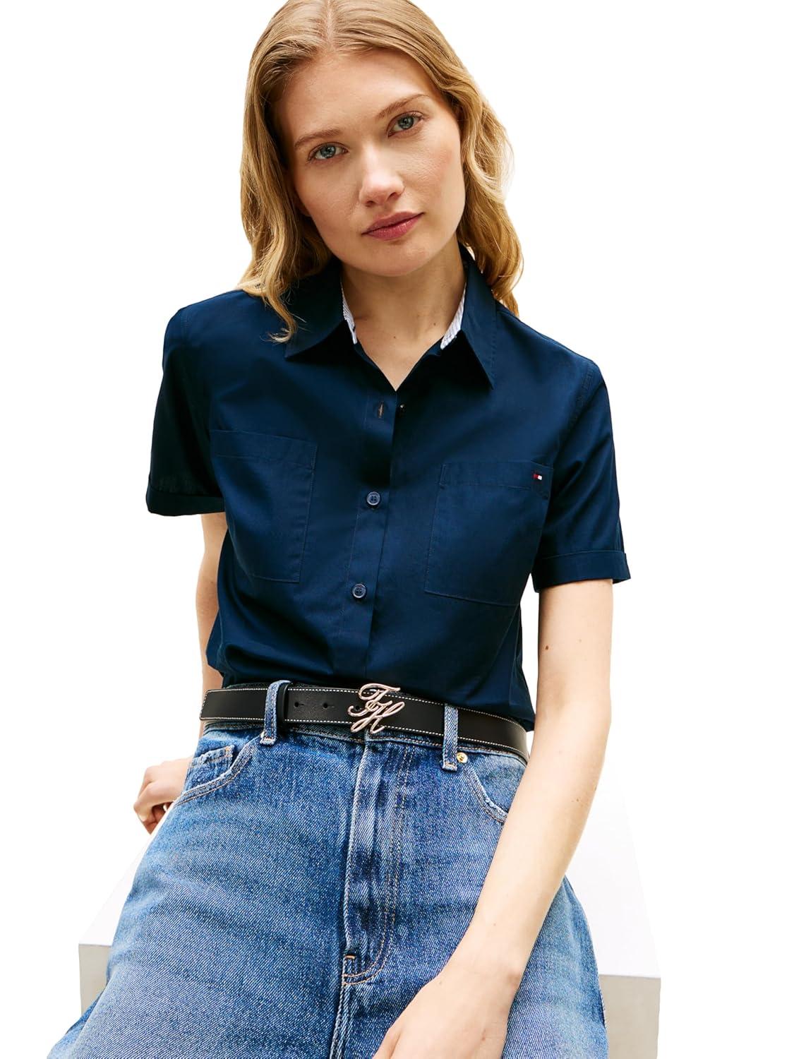 imageTommy Hilfiger Womens Cotton Short Sleeve Button Down Shirt in Regular FitDark Night Navy