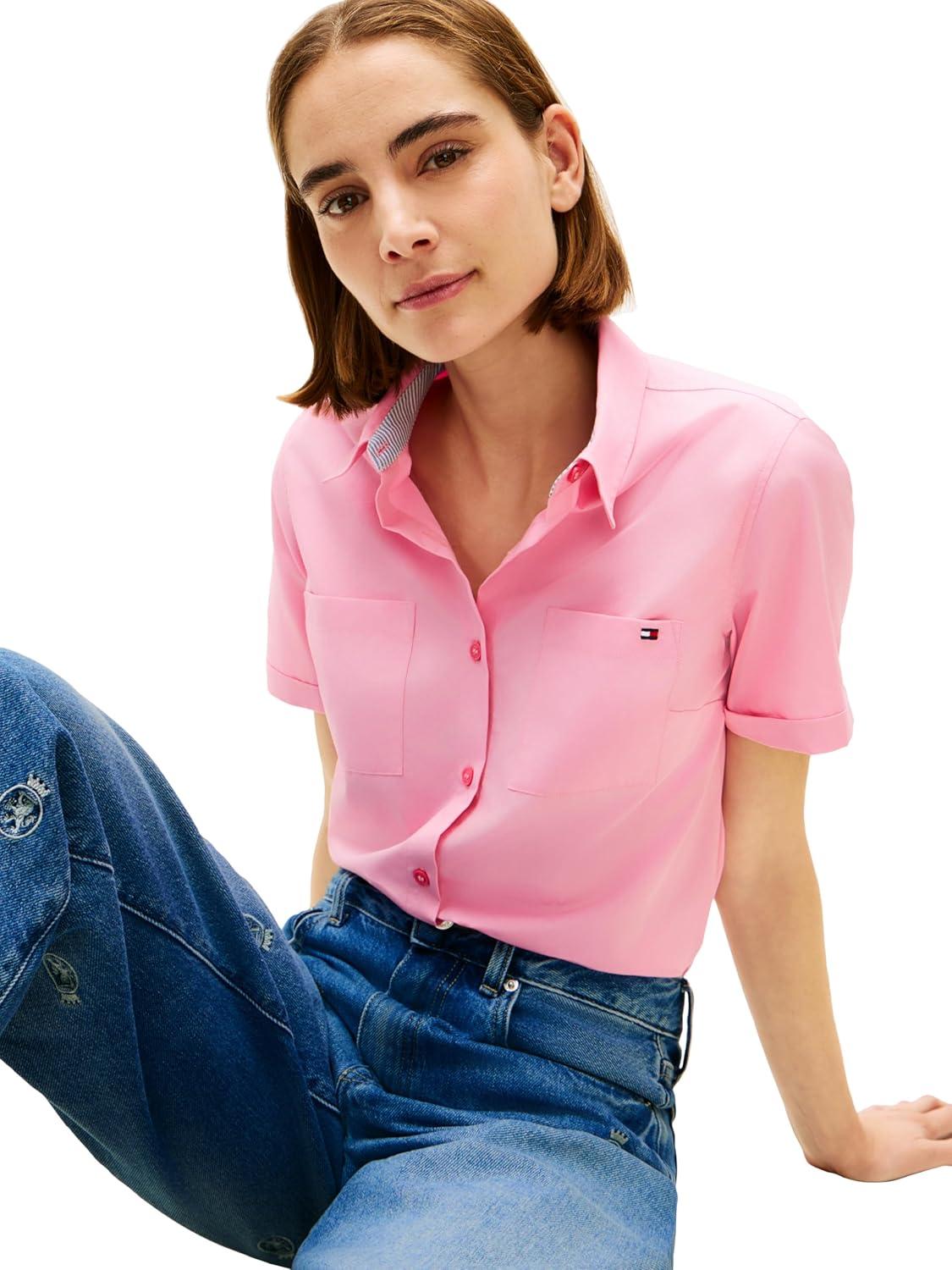 imageTommy Hilfiger Womens Cotton Short Sleeve Button Down Shirt in Regular FitRose Petal