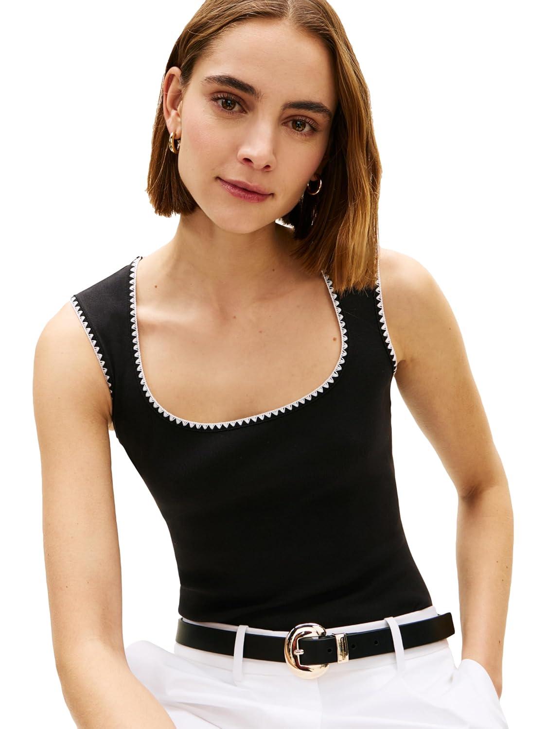 imageTommy Hilfiger Womens Cotton Sleeveless Scoop Neck Tank with Collar DesignBlack