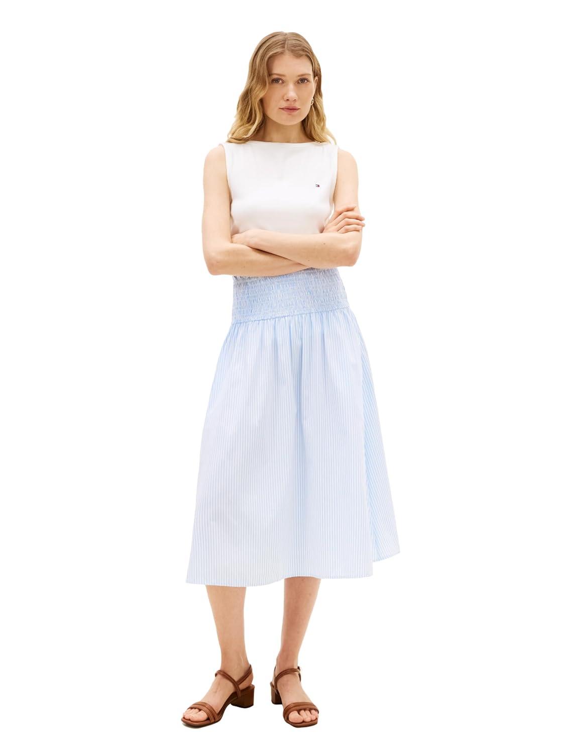 imageTommy Hilfiger Womens Cotton Smocked Pull on Midi SkirtClassic Ithaca White Vessel Blue