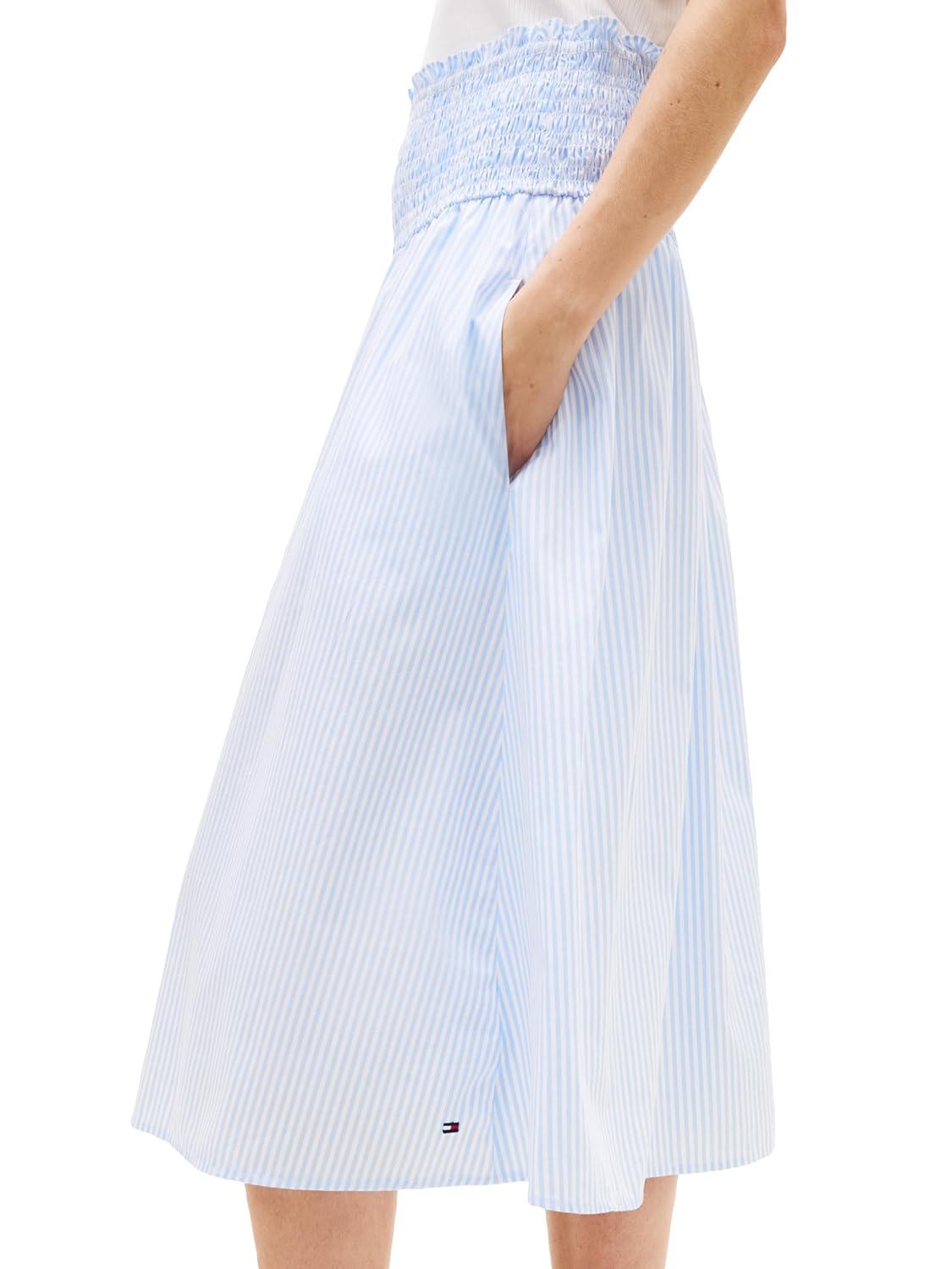 imageTommy Hilfiger Womens Cotton Smocked Pull on Midi SkirtClassic Ithaca White Vessel Blue