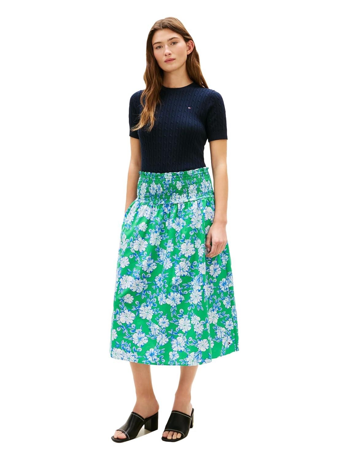 imageTommy Hilfiger Womens Cotton Smocked Pull on Midi SkirtDense Hibiscus Jade Wink
