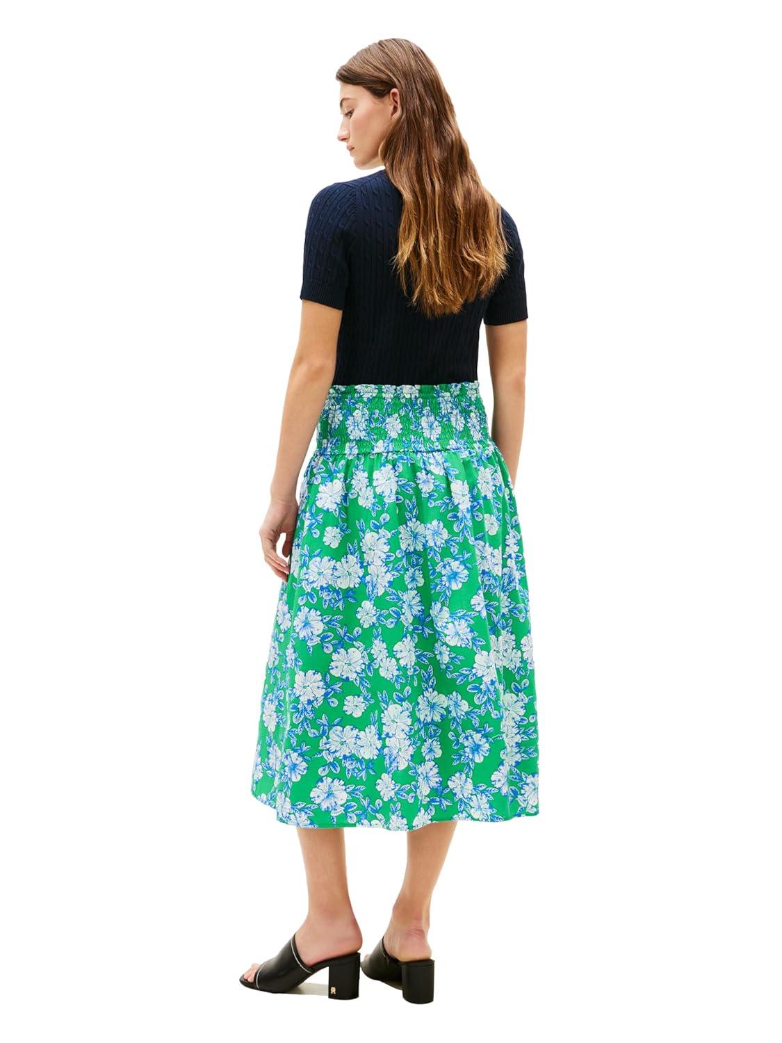 imageTommy Hilfiger Womens Cotton Smocked Pull on Midi SkirtDense Hibiscus Jade Wink