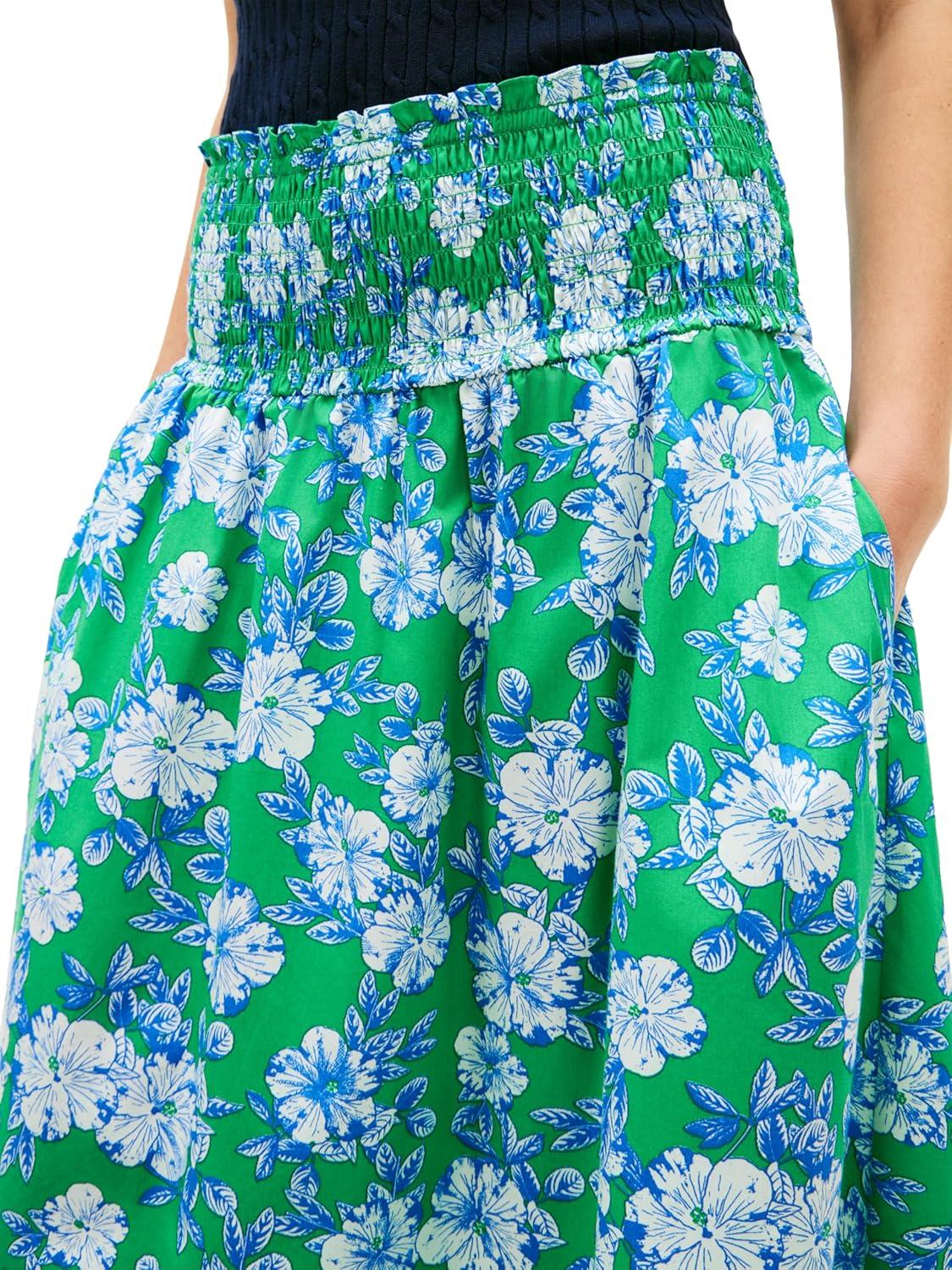 imageTommy Hilfiger Womens Cotton Smocked Pull on Midi SkirtDense Hibiscus Jade Wink
