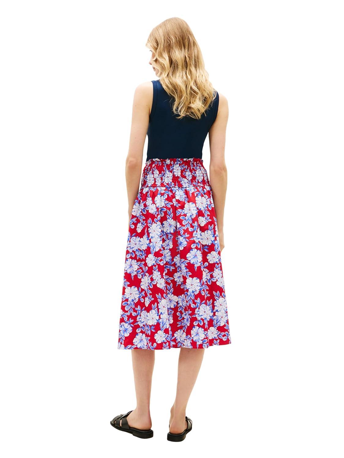 imageTommy Hilfiger Womens Cotton Smocked Pull on Midi SkirtDense Hibiscus Primary Red
