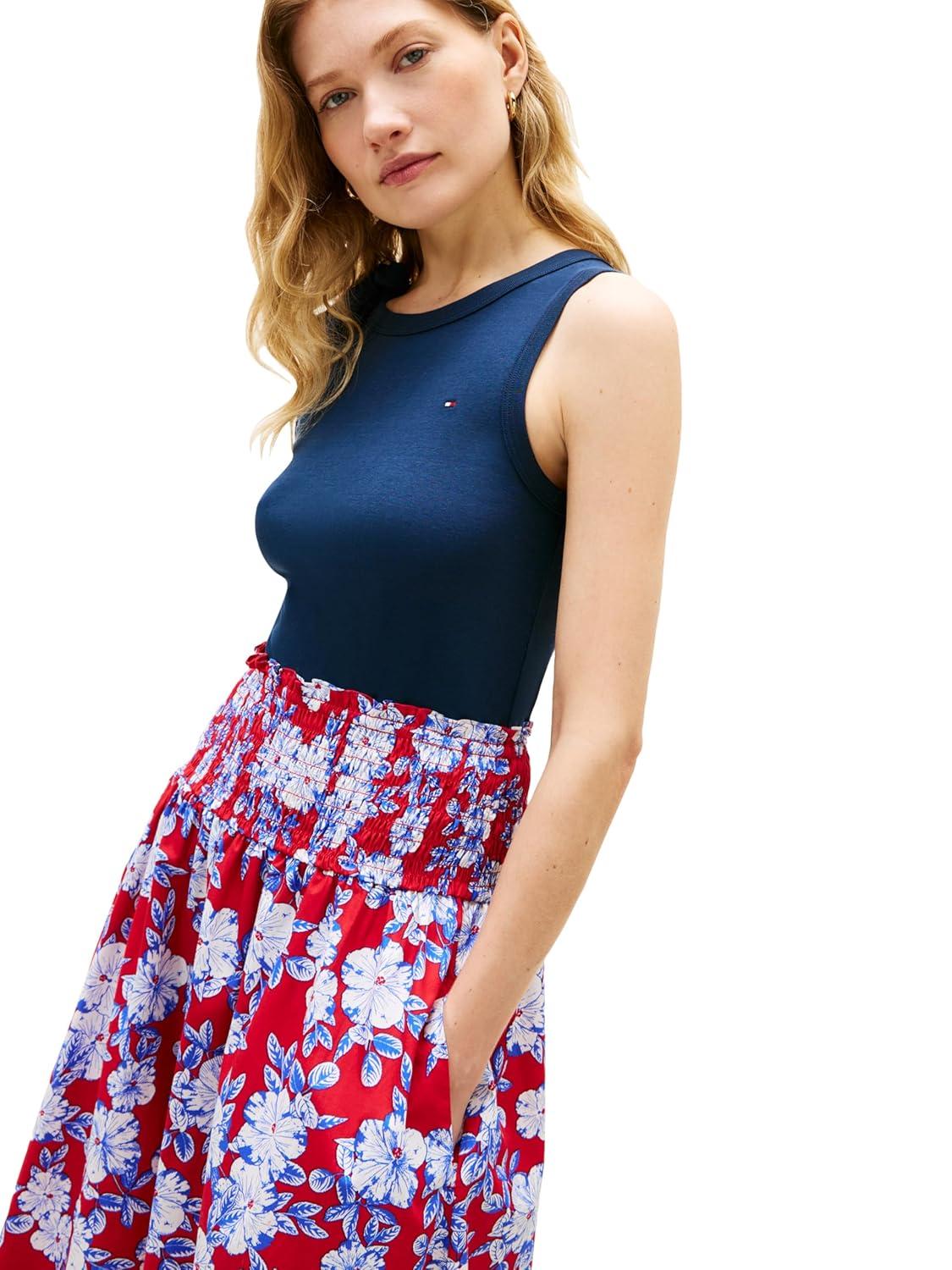 imageTommy Hilfiger Womens Cotton Smocked Pull on Midi SkirtDense Hibiscus Primary Red