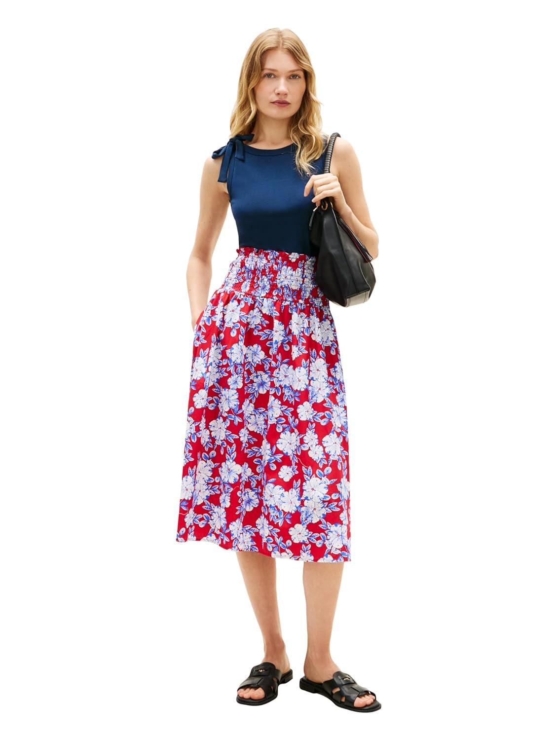 imageTommy Hilfiger Womens Cotton Smocked Pull on Midi SkirtDense Hibiscus Primary Red