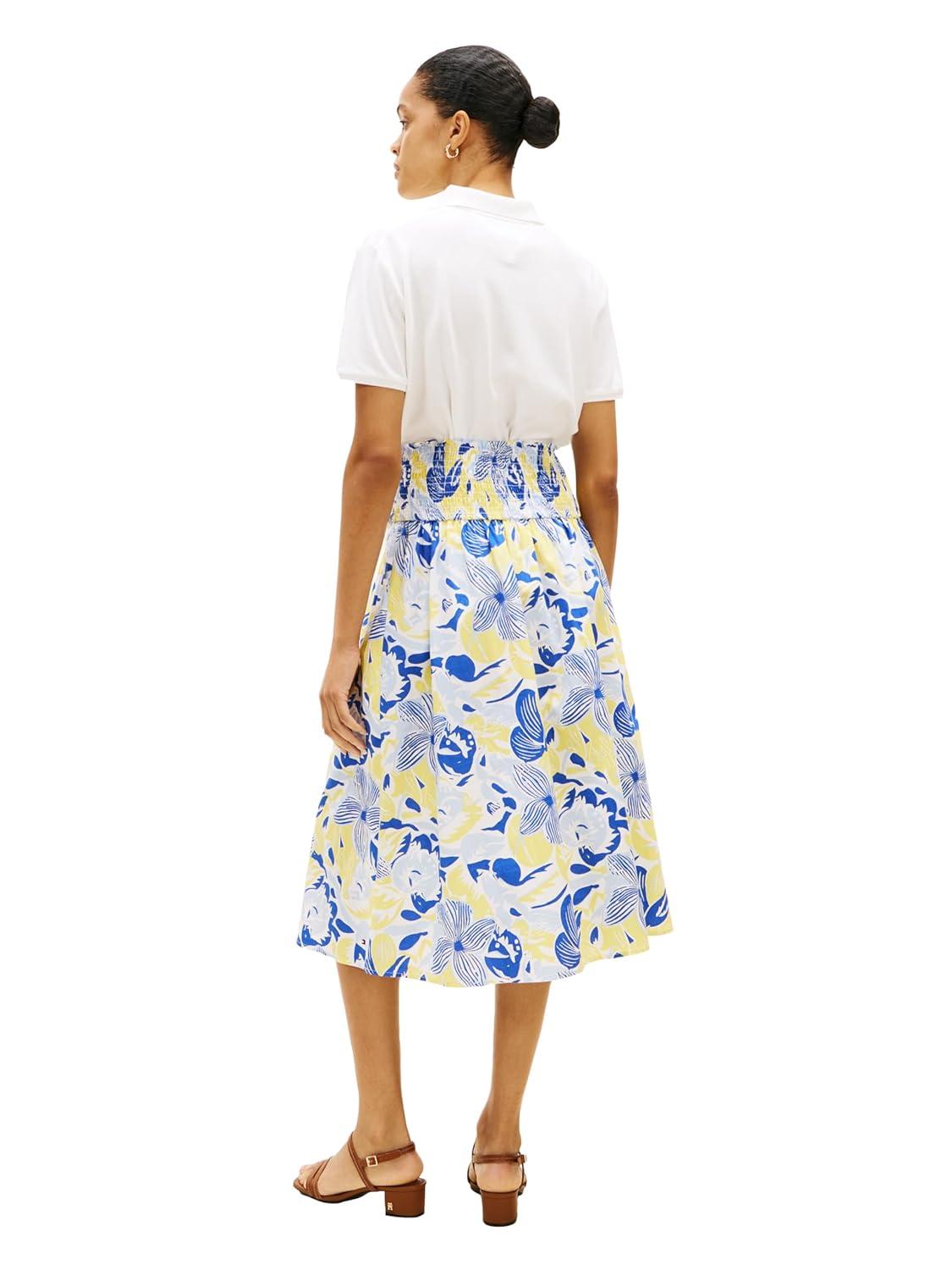 imageTommy Hilfiger Womens Cotton Smocked Pull on Midi SkirtSpring Garden Blue OrbitCitronella