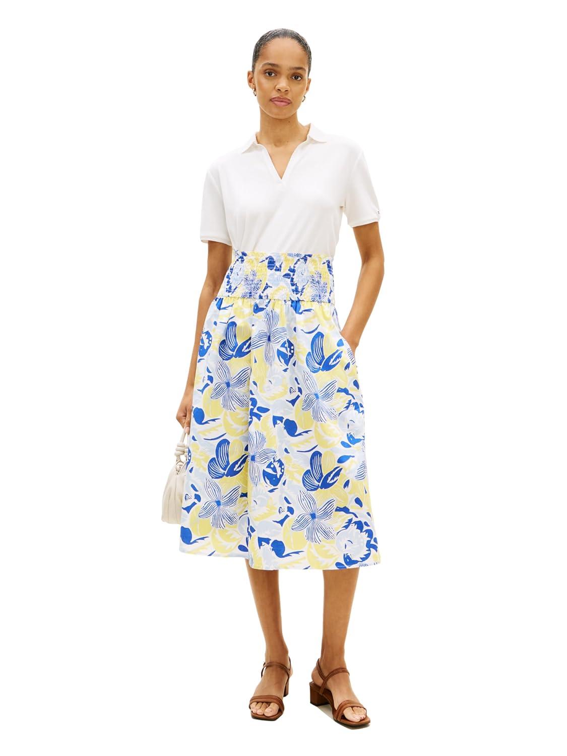 imageTommy Hilfiger Womens Cotton Smocked Pull on Midi SkirtSpring Garden Blue OrbitCitronella