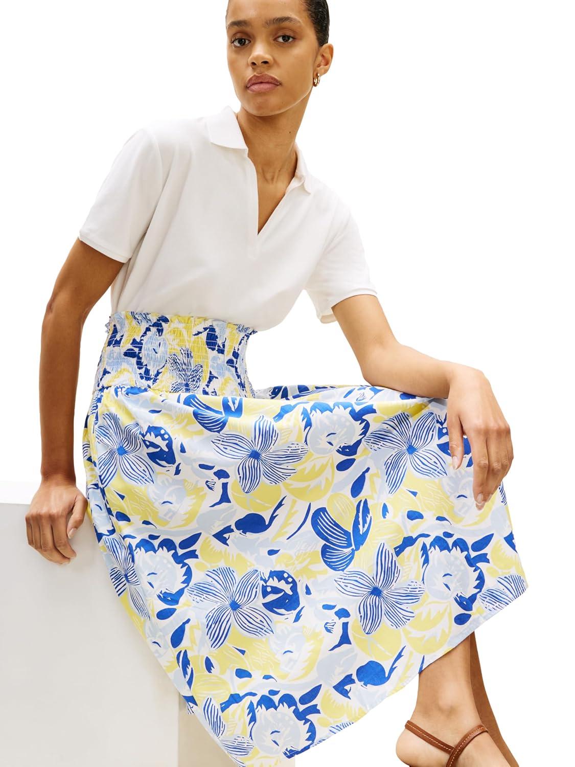 imageTommy Hilfiger Womens Cotton Smocked Pull on Midi SkirtSpring Garden Blue OrbitCitronella