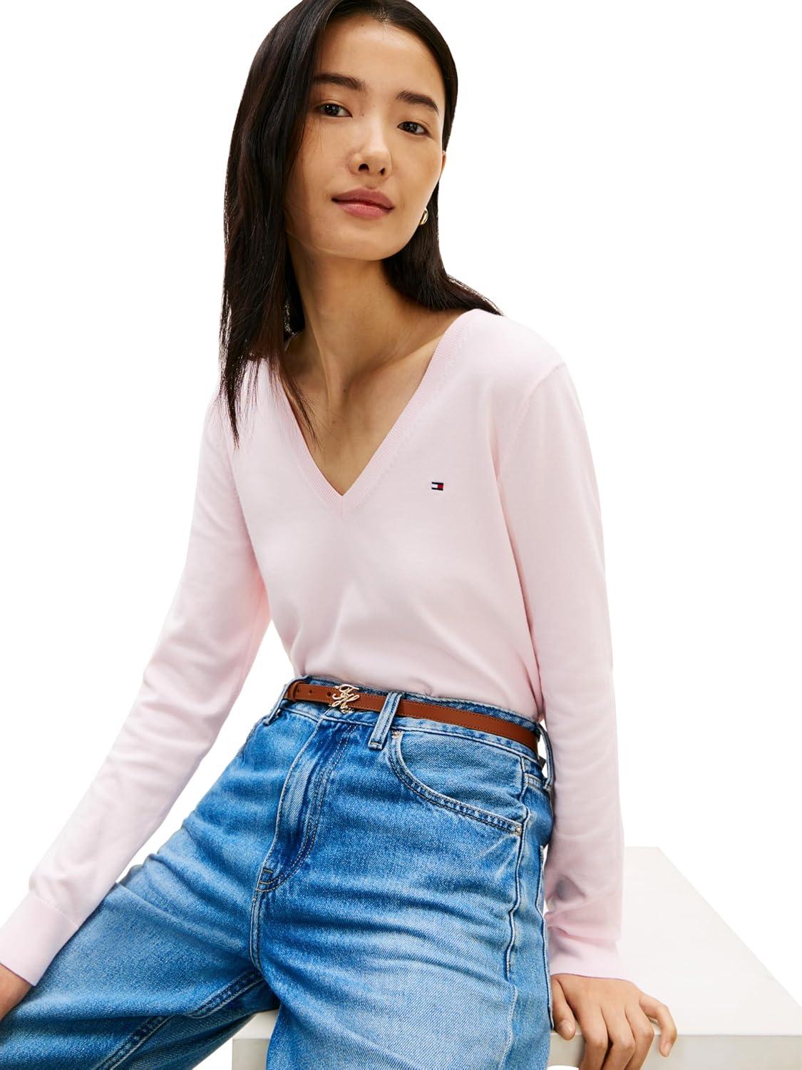 imageTommy Hilfiger Womens Cotton V Neck Sweater Knit Sweater PulloverLight Pink
