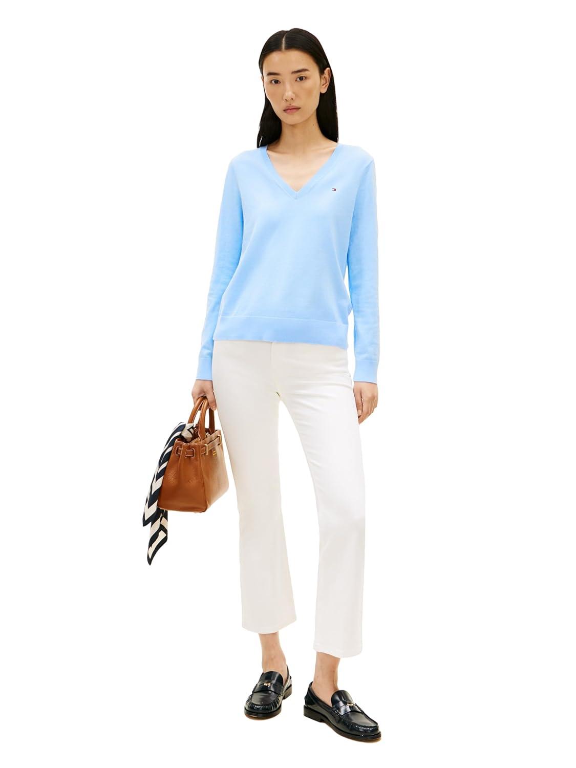 imageTommy Hilfiger Womens Cotton V Neck Sweater Knit Sweater PulloverVessel Blue