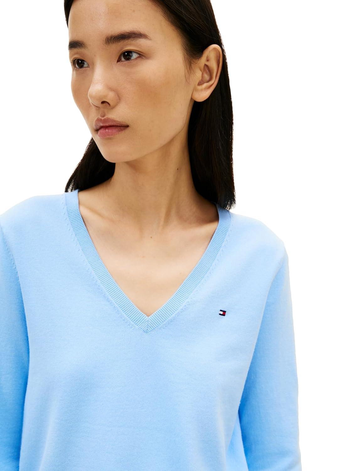 imageTommy Hilfiger Womens Cotton V Neck Sweater Knit Sweater PulloverVessel Blue